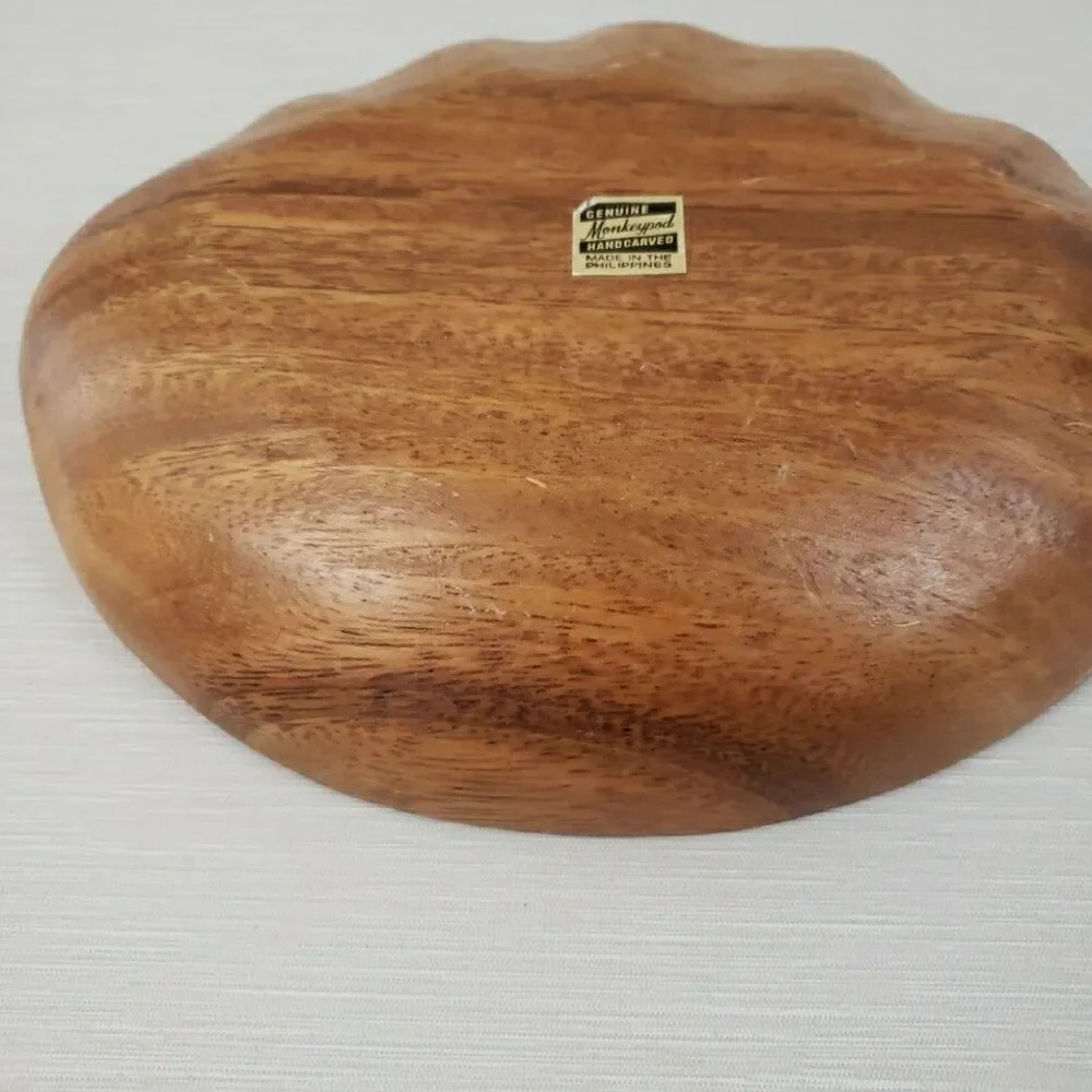 VTG Monkey Pod Wood Clamshell Shape Chip & Dip Tray Dish Bowl Farmhouse MCM
